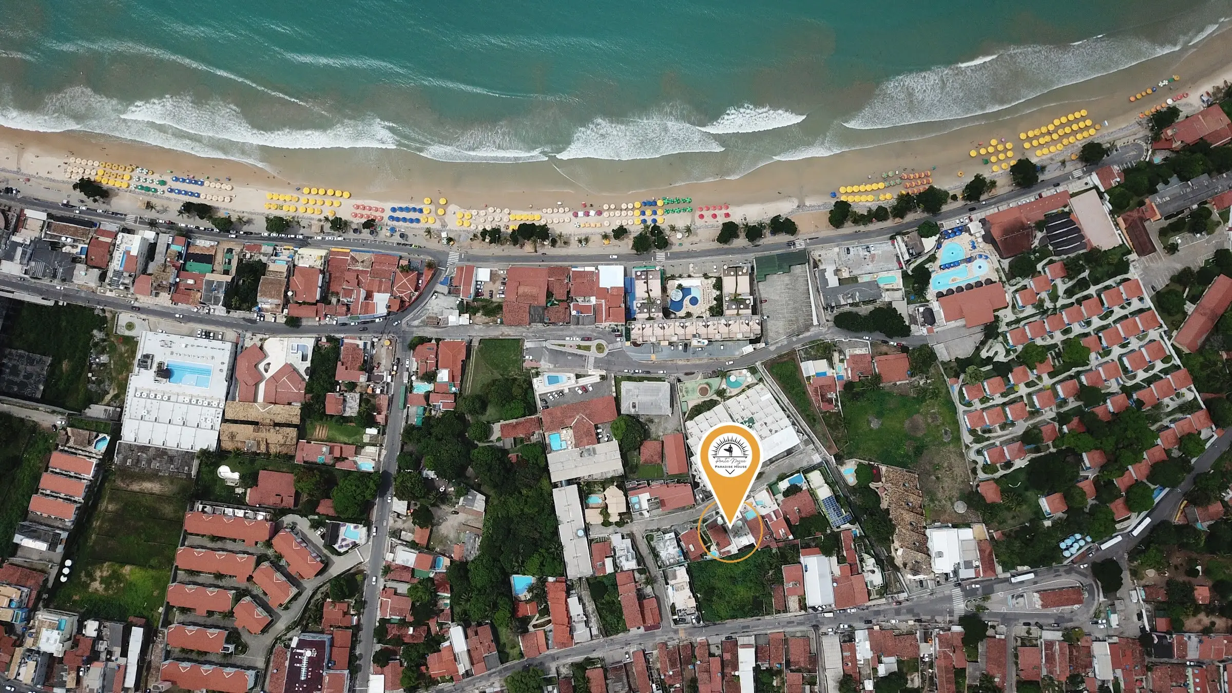 Ponta Negra seafront from above, with the house marked