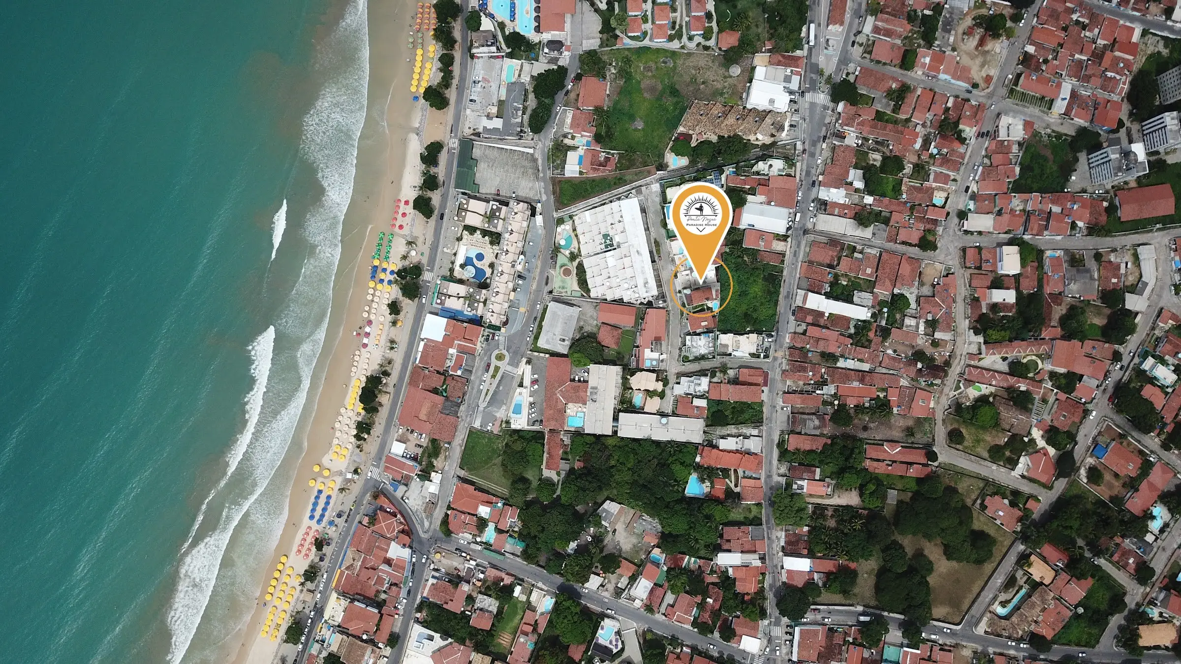 Ponta Negra beach and neighbourhood from above, with the house marked