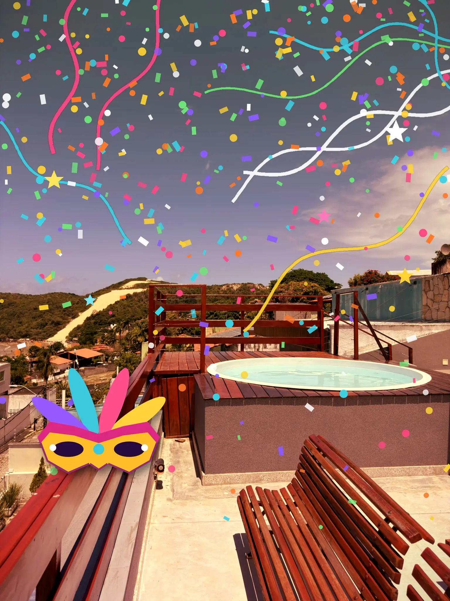 Illustration: the house terrace with confetti, streamers and a Carnival mask