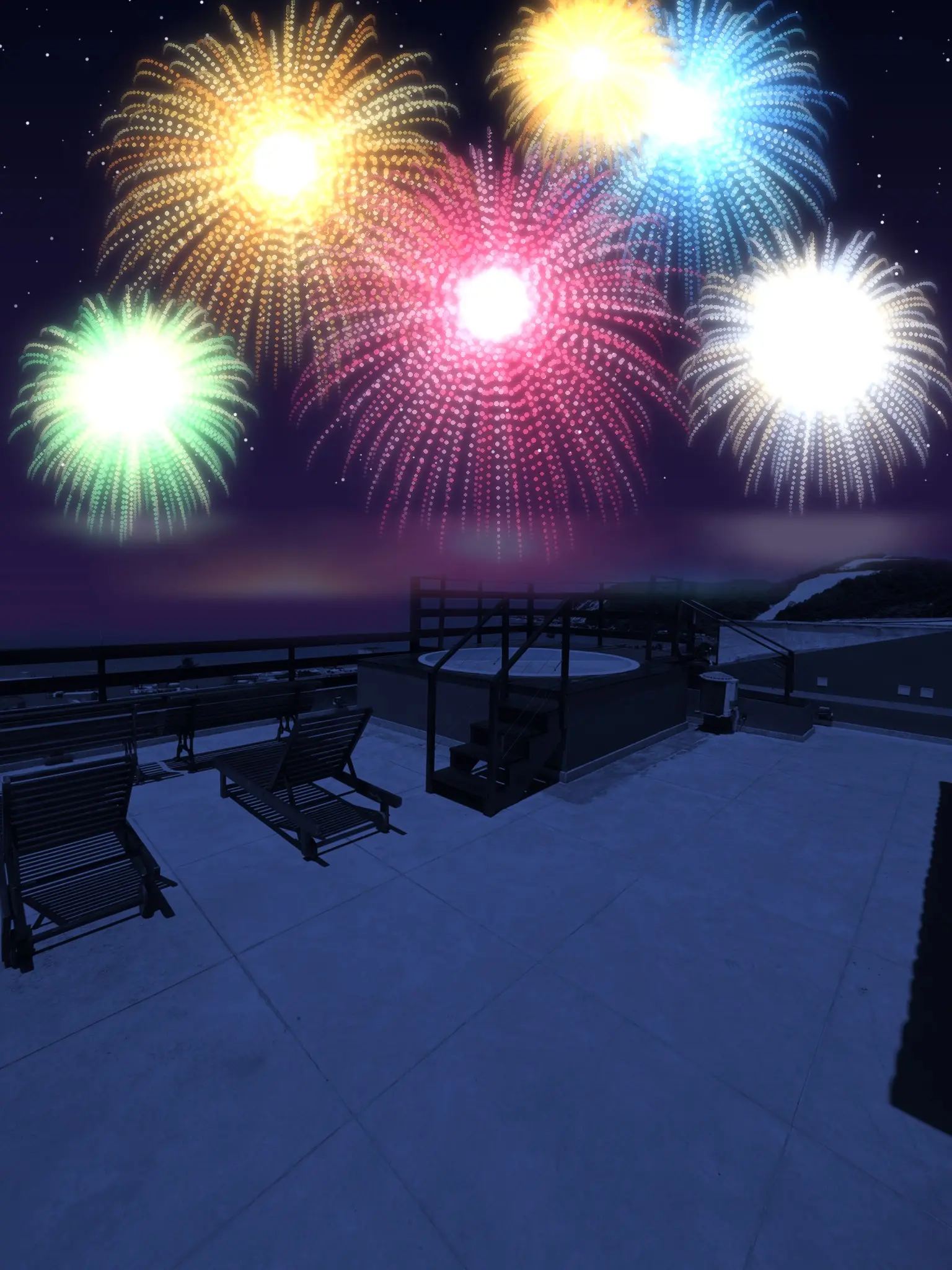 Illustration: the house terrace at night, with fireworks in the sky